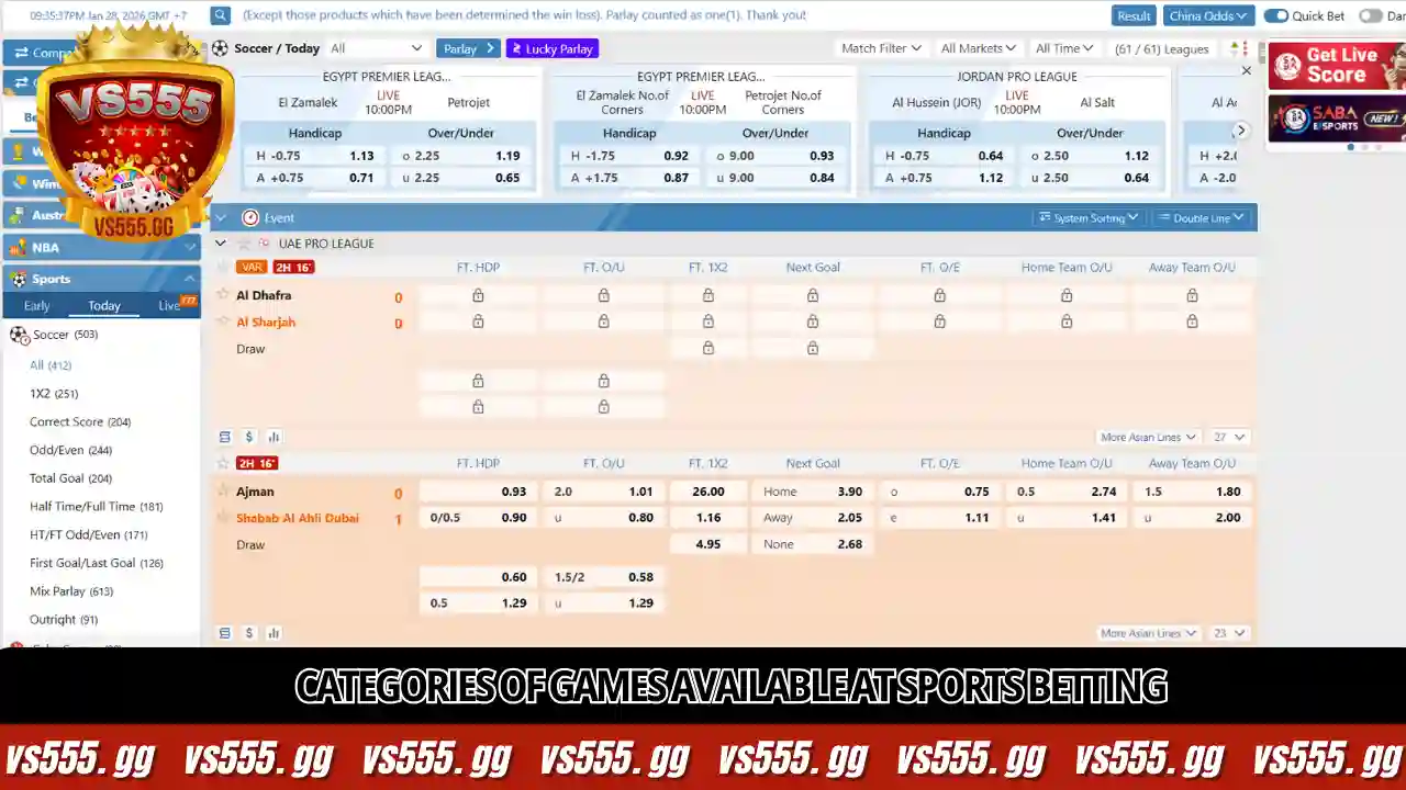 Categories of games available at Sports Betting