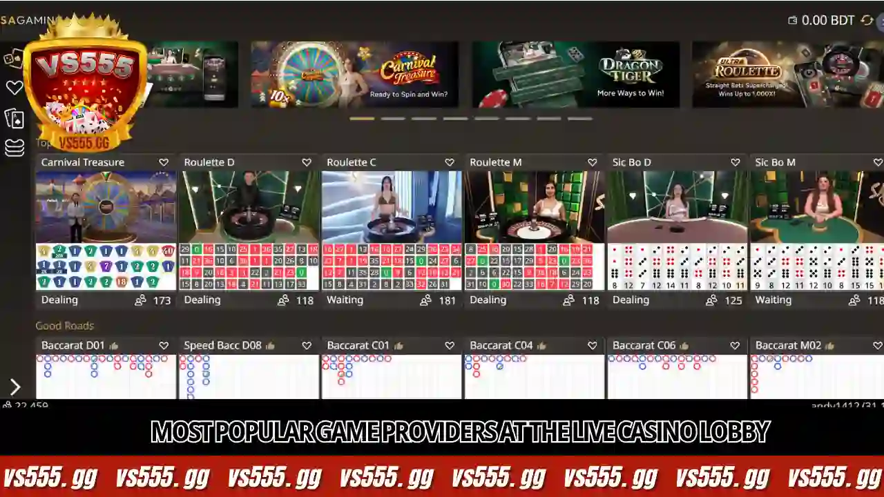 Most popular game providers at the Live Casino lobby