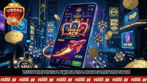 VS555 Philippines mobile app showing JILI Slots and Crash Games with Philippine Peso coins.